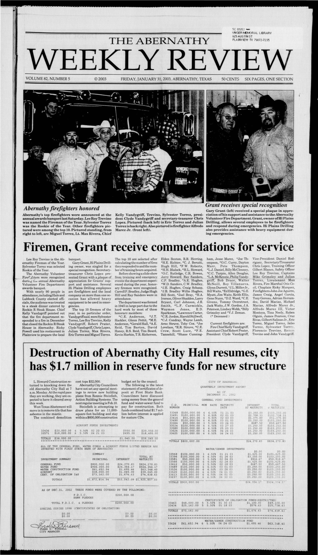 Weekly Review ' Volume 82, Number 5 ©2003 Friday, January 31, 2003, Abernathy, Texas 50 Cents Six Pages, One Section