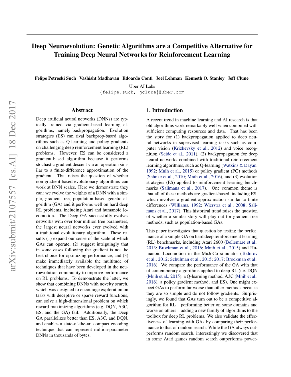 Genetic Algorithms Are a Competitive Alternative for Training Deep Neural Networks for Reinforcement Learning