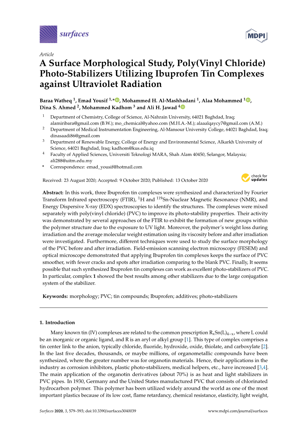 Photo-Stabilizers Utilizing Ibuprofen Tin Complexes Against Ultraviolet Radiation