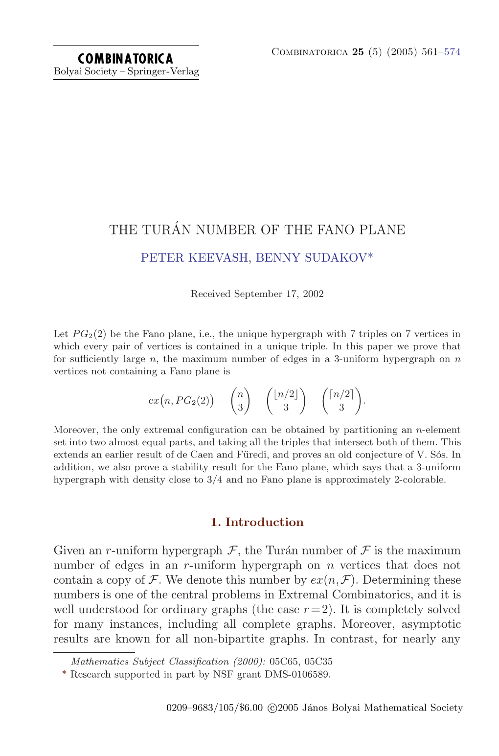 The Turan Number of the Fano Plane