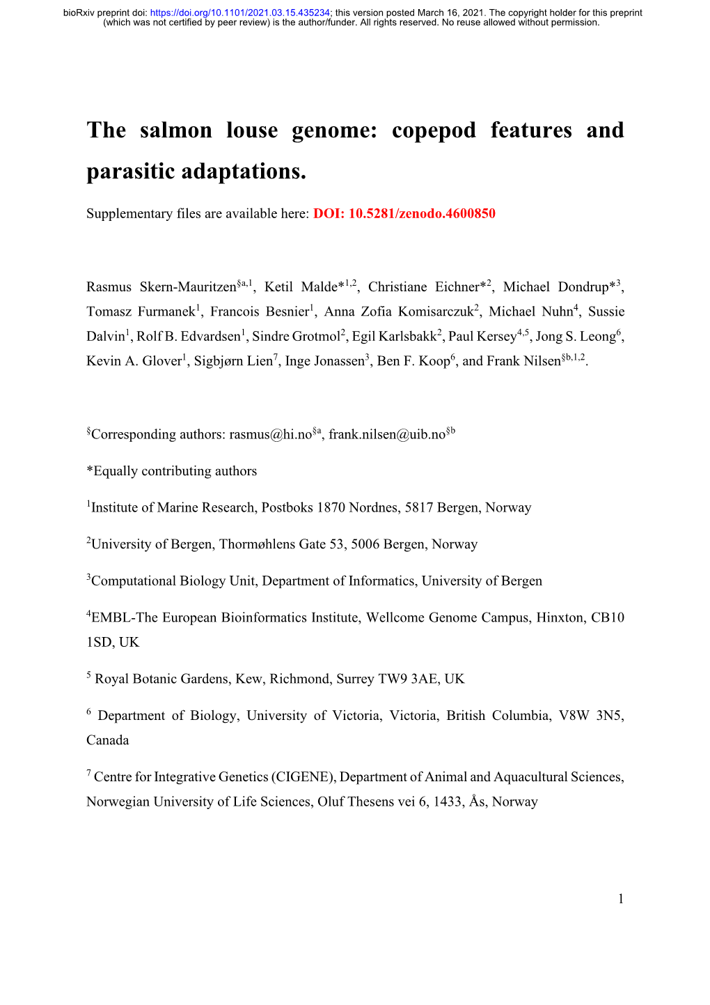 The Salmon Louse Genome: Copepod Features and Parasitic Adaptations