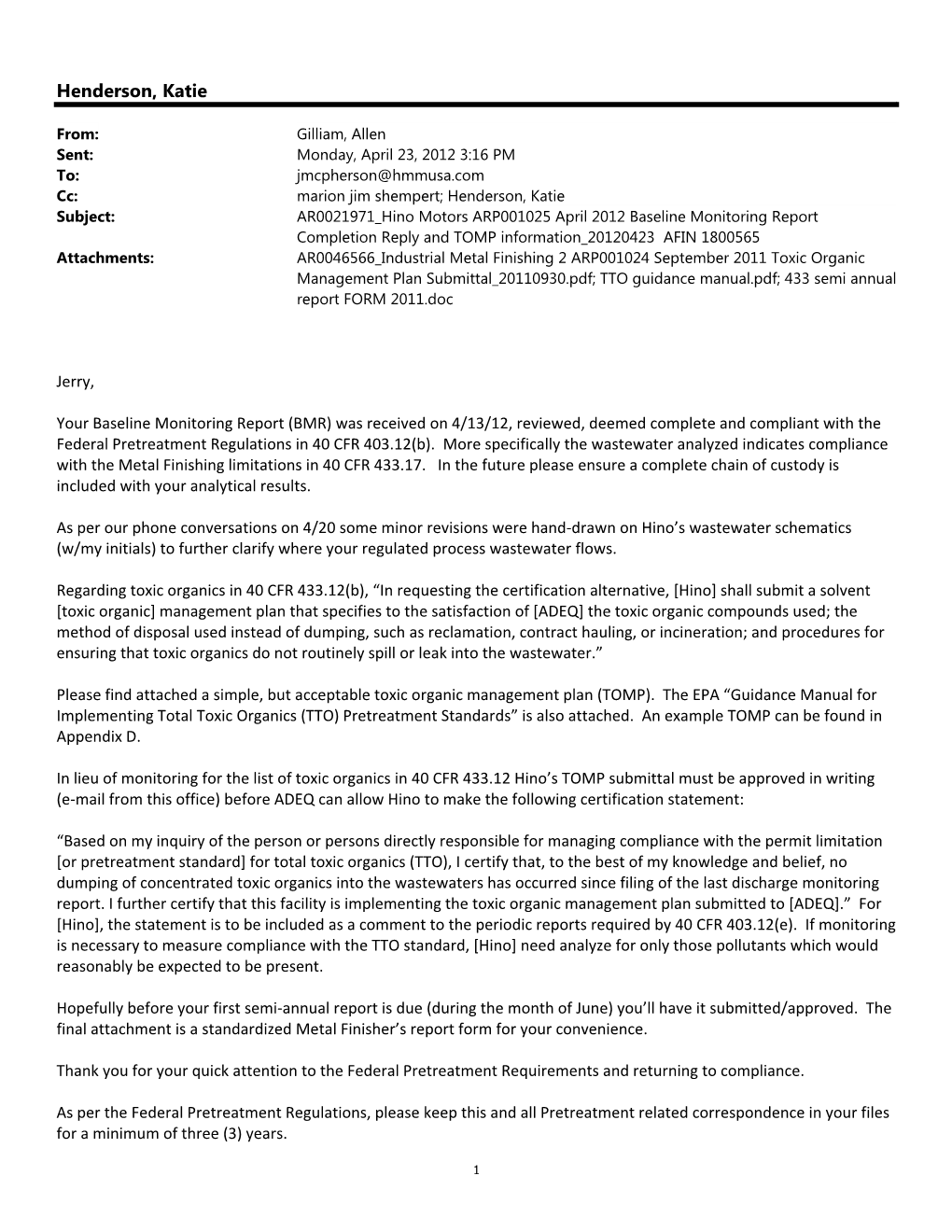 Hino Motors ARP001025 April 2012 Baseline Monitoring Report