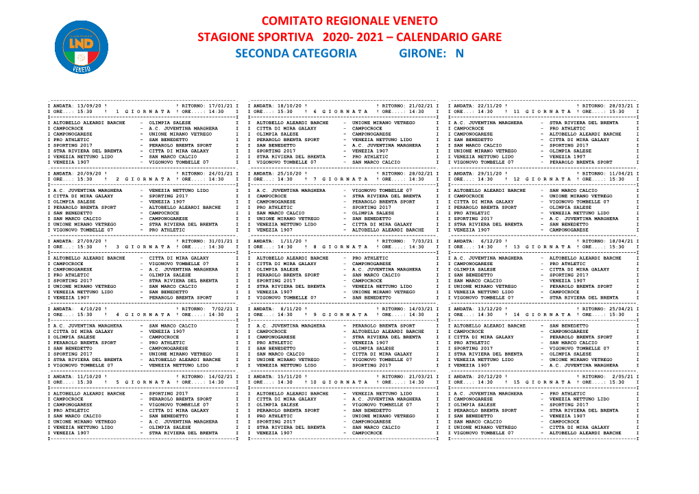 Comitato Regionale Veneto Stagione Sportiva 2020- 2021 – Calendario Gare Seconda Categoria Girone: N