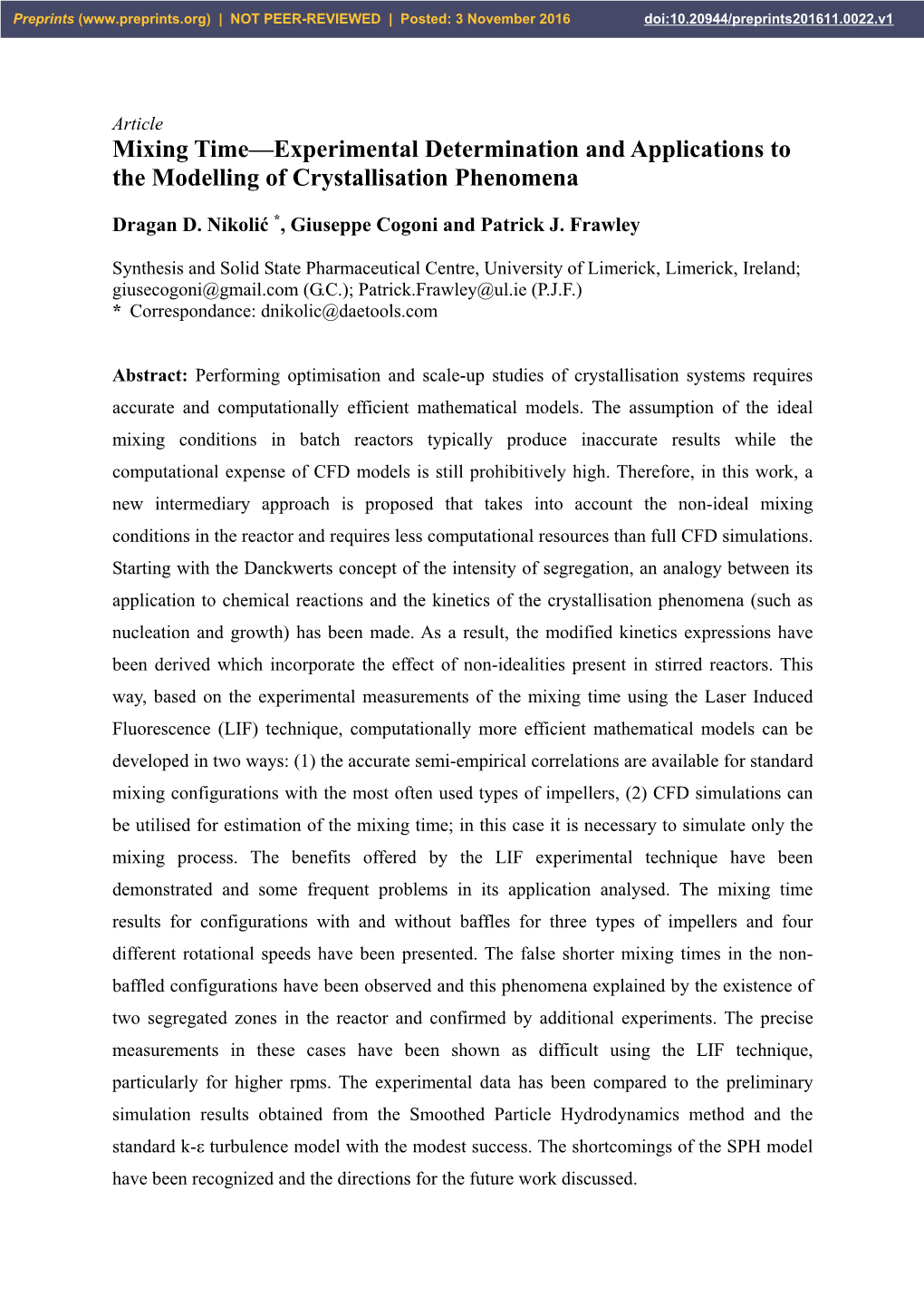 Mixing Time—Experimental Determination and Applications to the Modelling of Crystallisation Phenomena