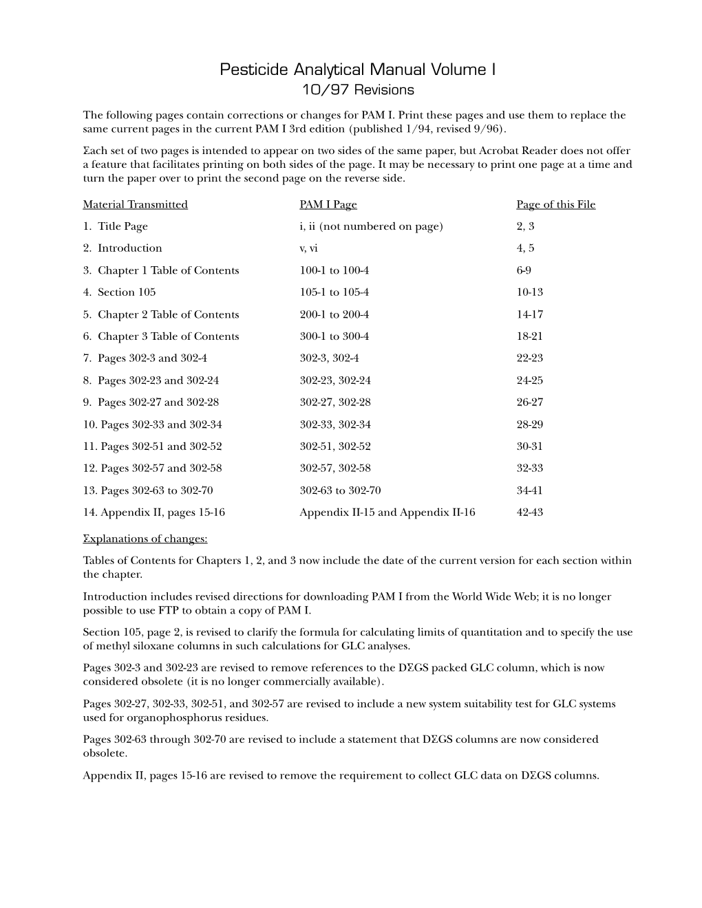 Pesticide Analytical Manual Volume I 10/97 Revisions