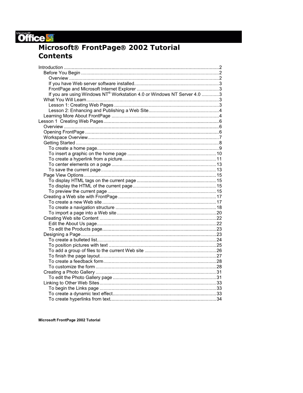 Microsoft® Frontpage® 2002 Tutorial Contents