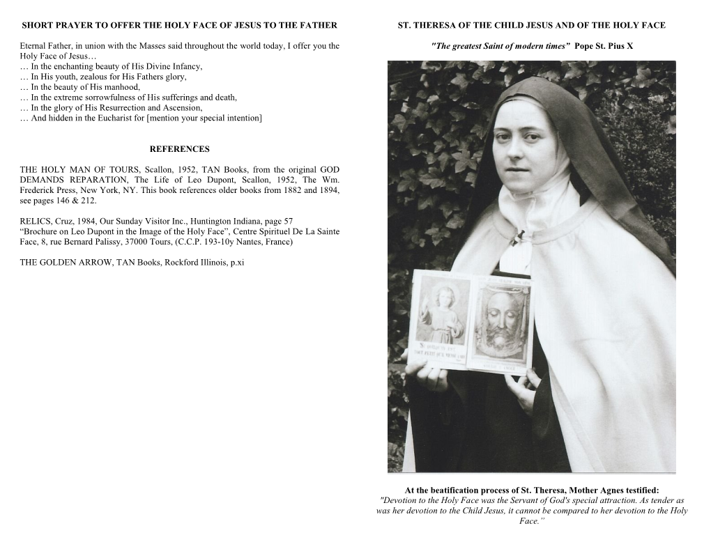 SHORT PRAYER to OFFER the HOLY FACE of JESUS to the FATHER Eternal Father, in Union with the Masses Said Throughout the World To