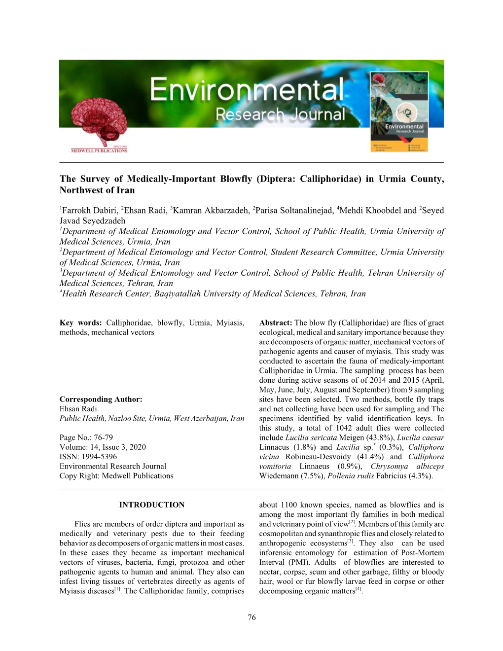 The Survey of Medically-Important Blowfly (Diptera: Calliphoridae) in Urmia County, Northwest of Iran