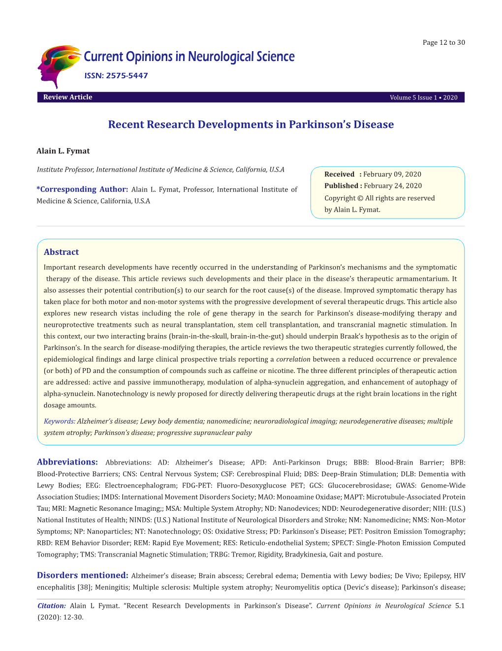 Recent Research Developments in Parkinson's Disease