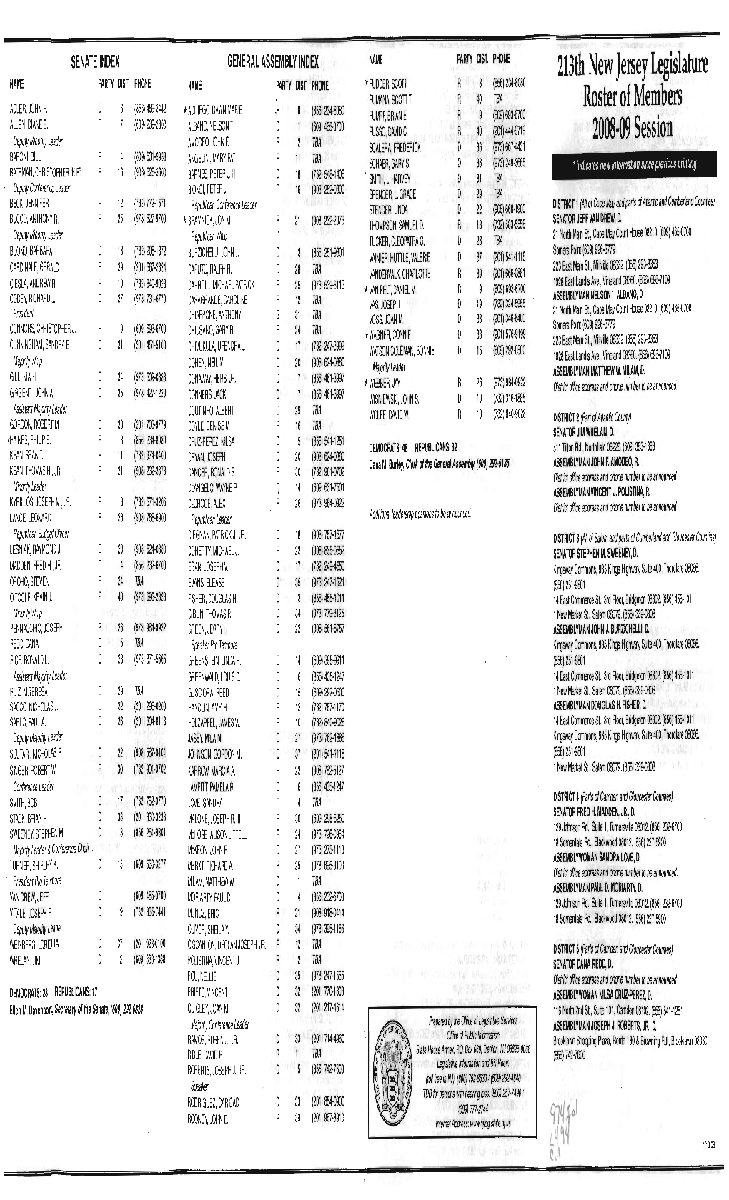 213Th New Jersey Legislature Roster of Members 2008-09 Session