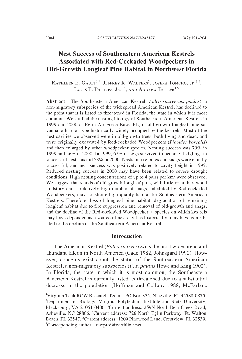 Nest Success of Southeastern American Kestrels Associated with Red-Cockaded Woodpeckers in Old-Growth Longleaf Pine Habitat in Northwest Florida