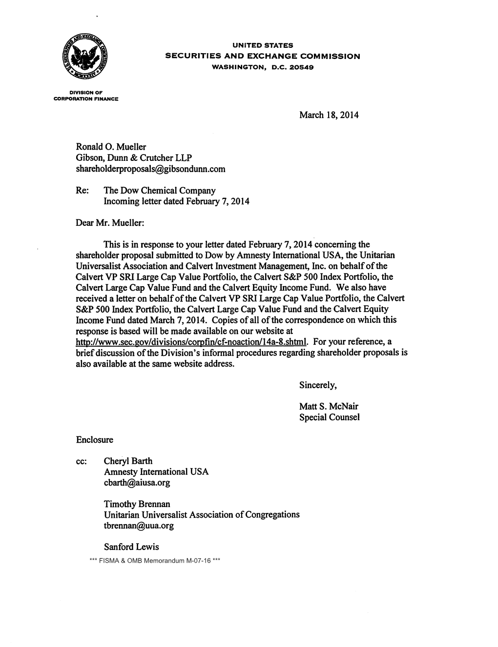 The Dow Chemical Company Incoming Letter Dated February 7, 2014