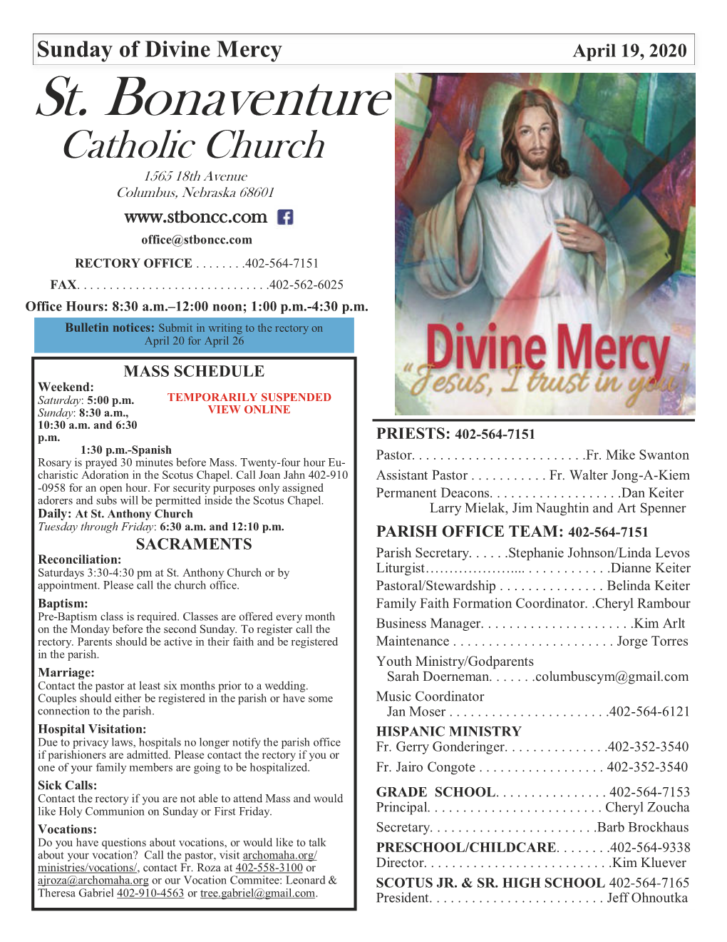 St. Bonaventure Catholic Church 1565 18Th Avenue Columbus, Nebraska 68601 Office@Stboncc.Com
