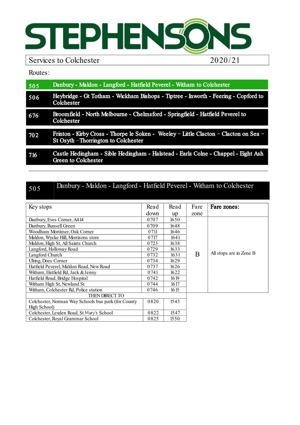 Services to Colchester 2020/21