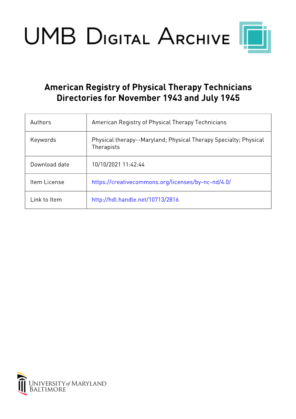 American Registry of Physical Therapy Technicians Directories for November 1943 and July 1945