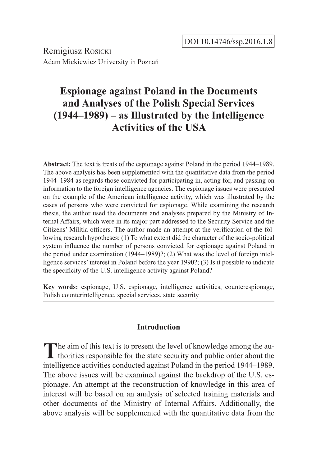 Espionage Against Poland in the Documents and Analyses of the Polish Special Services (1944–1989) – As Illustrated by the Intelligence Activities of the USA