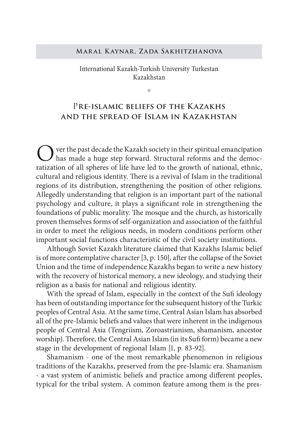 Pre-Islamic Beliefs of the Kazakhs and the Spread of Islam in Kazakhstan