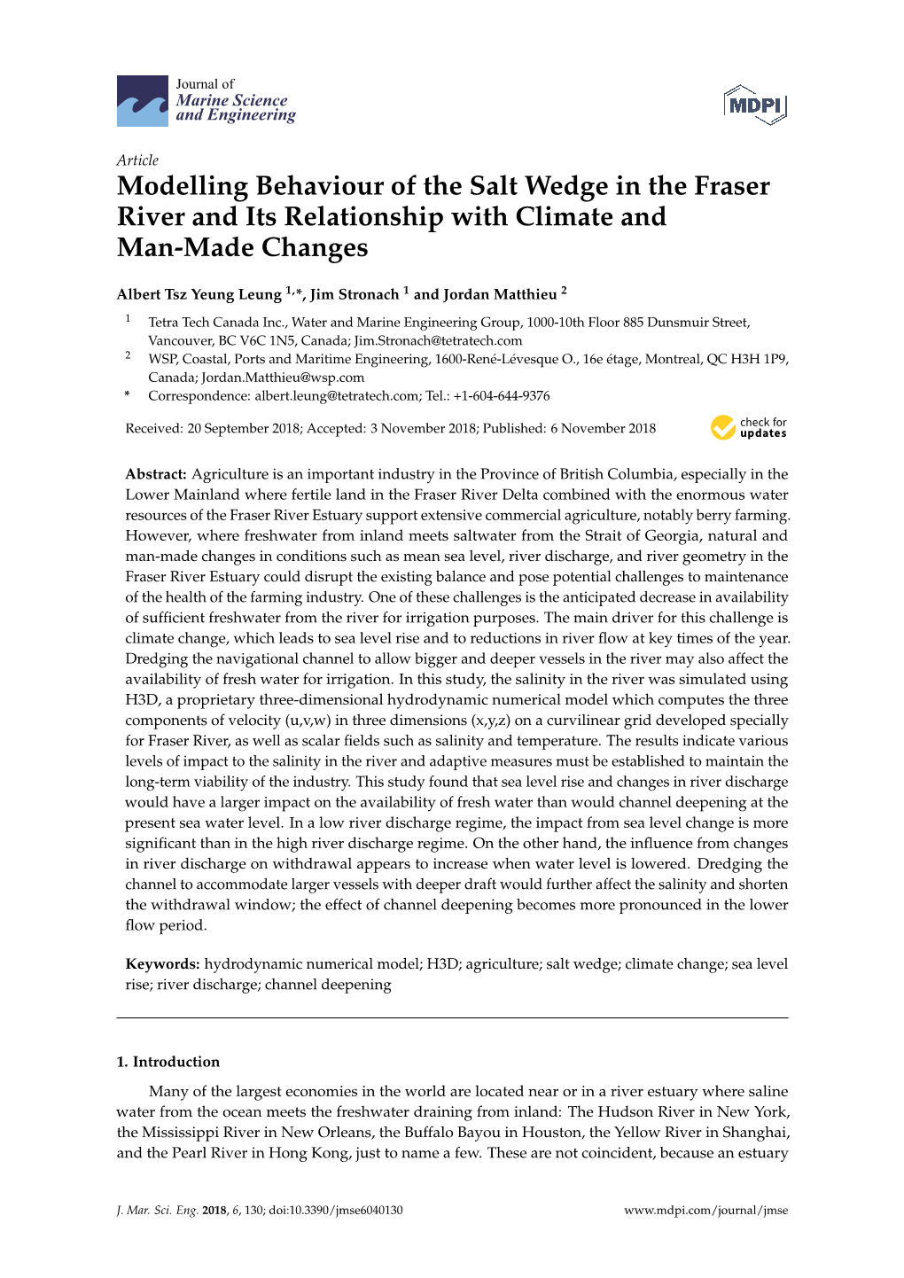 Modelling Behaviour of the Salt Wedge in the Fraser River and Its Relationship with Climate and Man-Made Changes