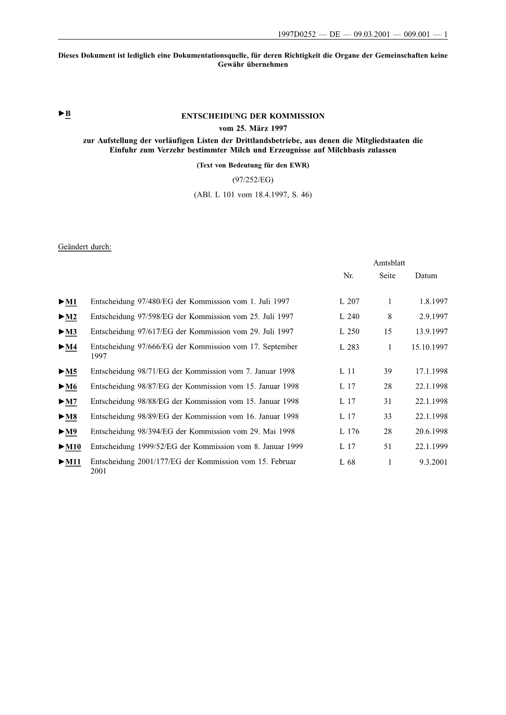 ENTSCHEIDUNG DER KOMMISSION Vom 25. März 1997 Zur Aufstellung