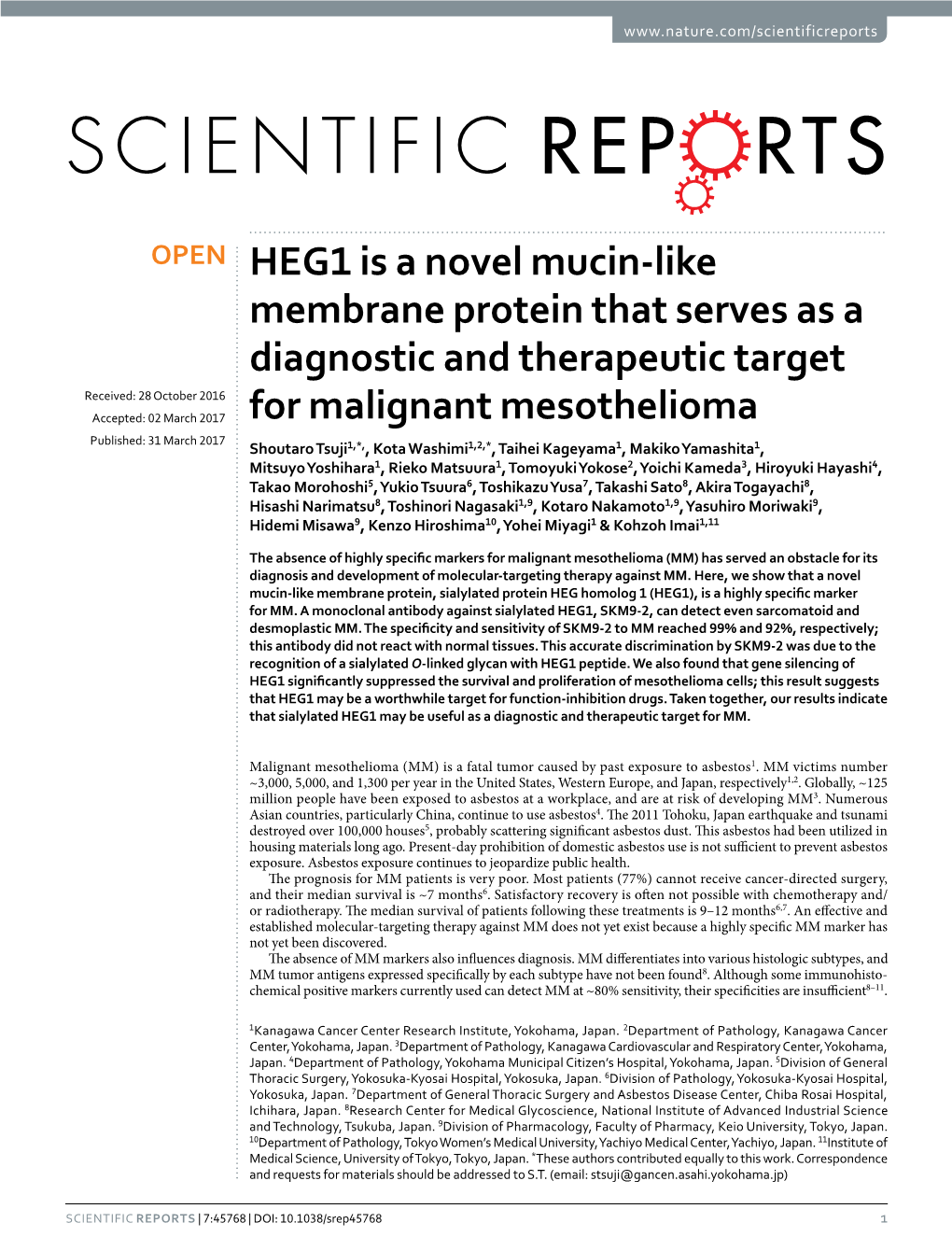 HEG1 Is a Novel Mucin-Like Membrane Protein That Serves As a Diagnostic and Therapeutic Target for Malignant Mesothelioma