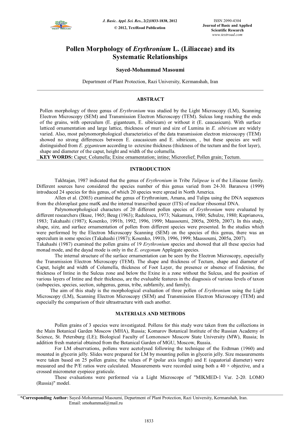 Pollen Morphology of Erythronium L. (Liliaceae) and Its Systematic Relationships