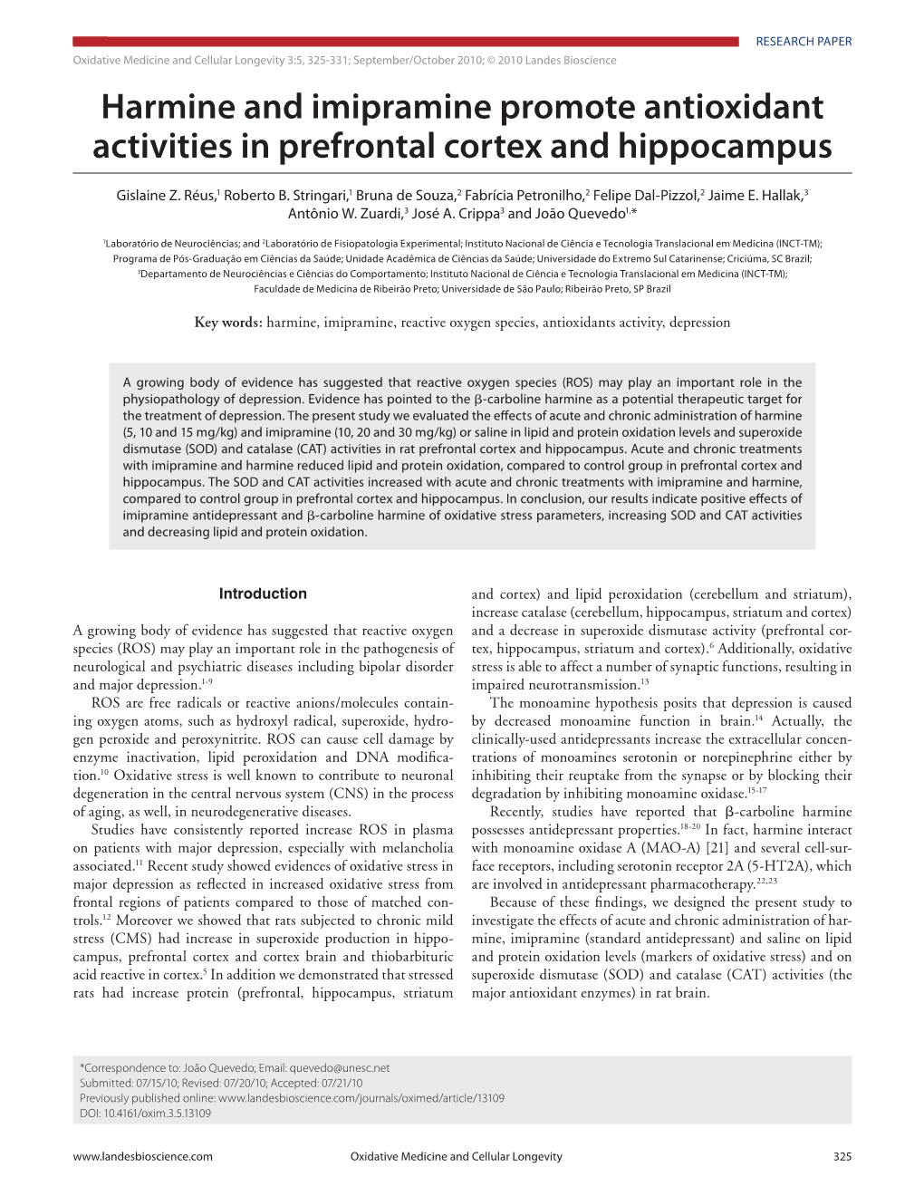 Harmine and Imipramine Promote Antioxidant Activities in Prefrontal Cortex and Hippocampus