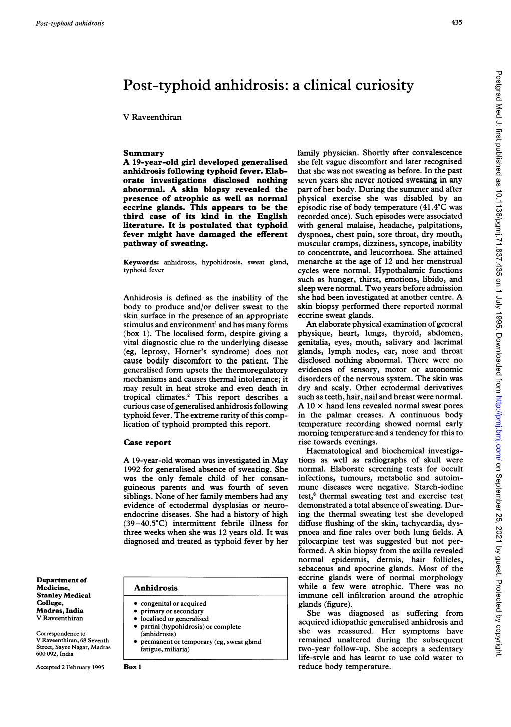 Post-Typhoid Anhidrosis: a Clinical Curiosity