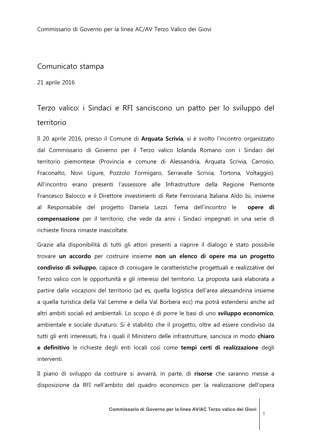 Comunicato Stampa ROMANO 21-4-16
