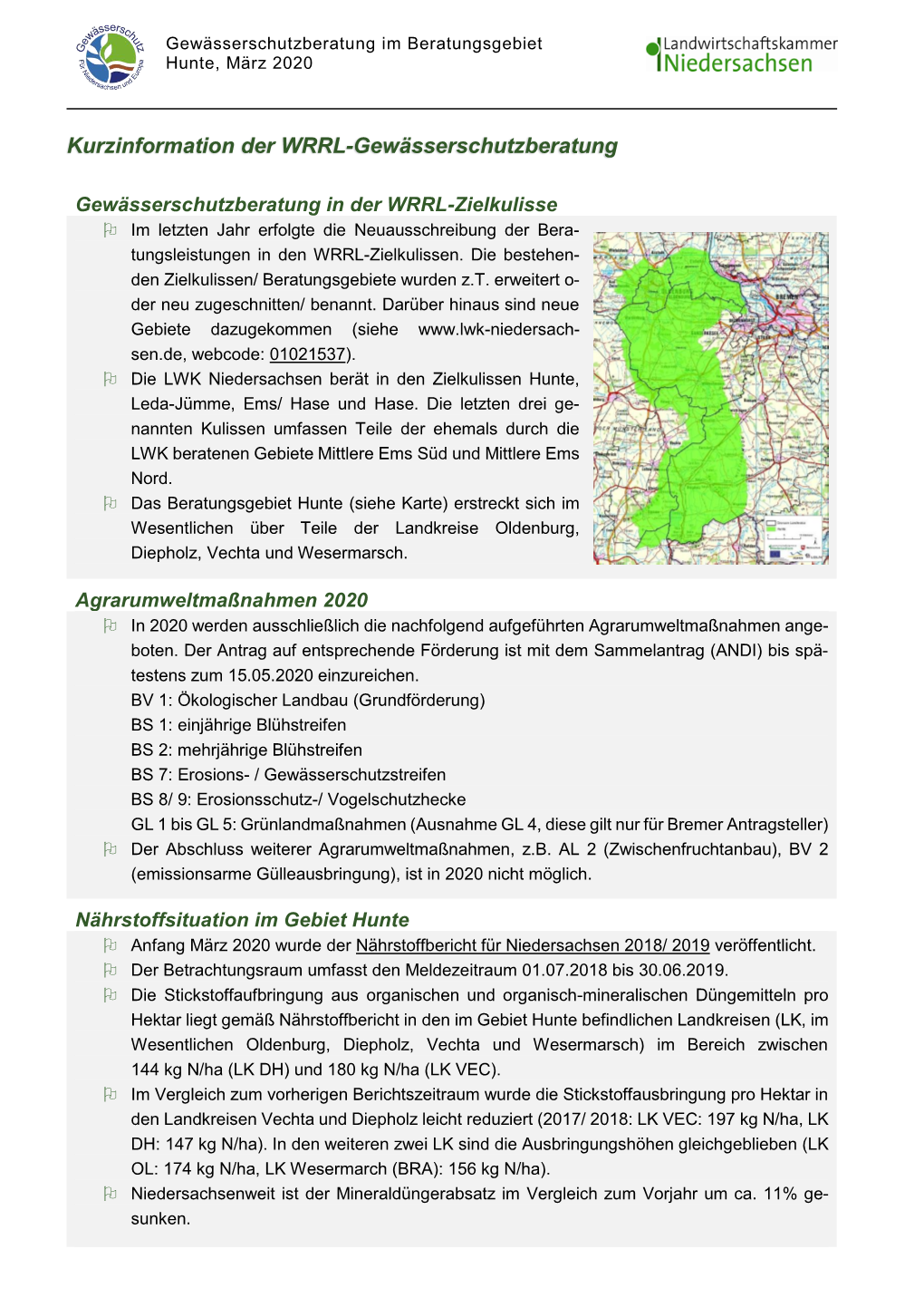 Grundwasserschutzberatung in Der Zielkulisse Der EG-Wasserrahmenrichtlinie Für Die Beratungsgebiete Mittlere Ems/Vechte Und