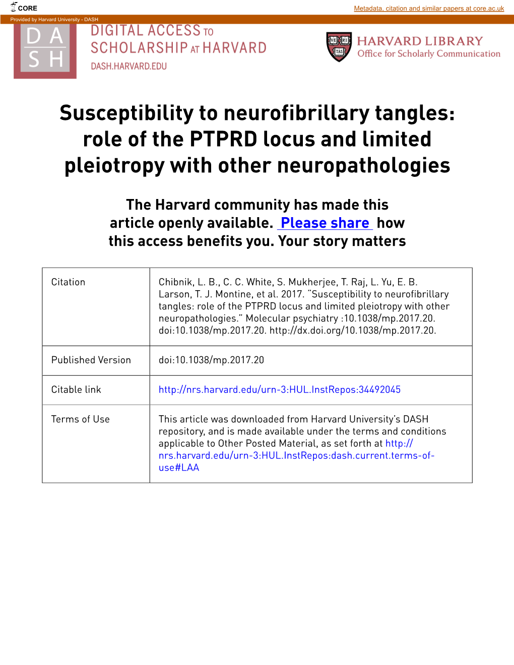 Role of the PTPRD Locus and Limited Pleiotropy with Other Neuropathologies