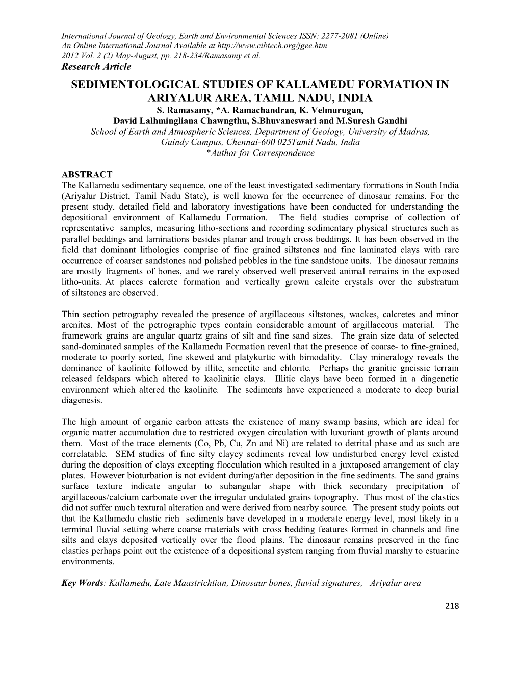 Sedimentological Studies of Kallamedu Formation in Ariyalur Area, Tamil Nadu, India S