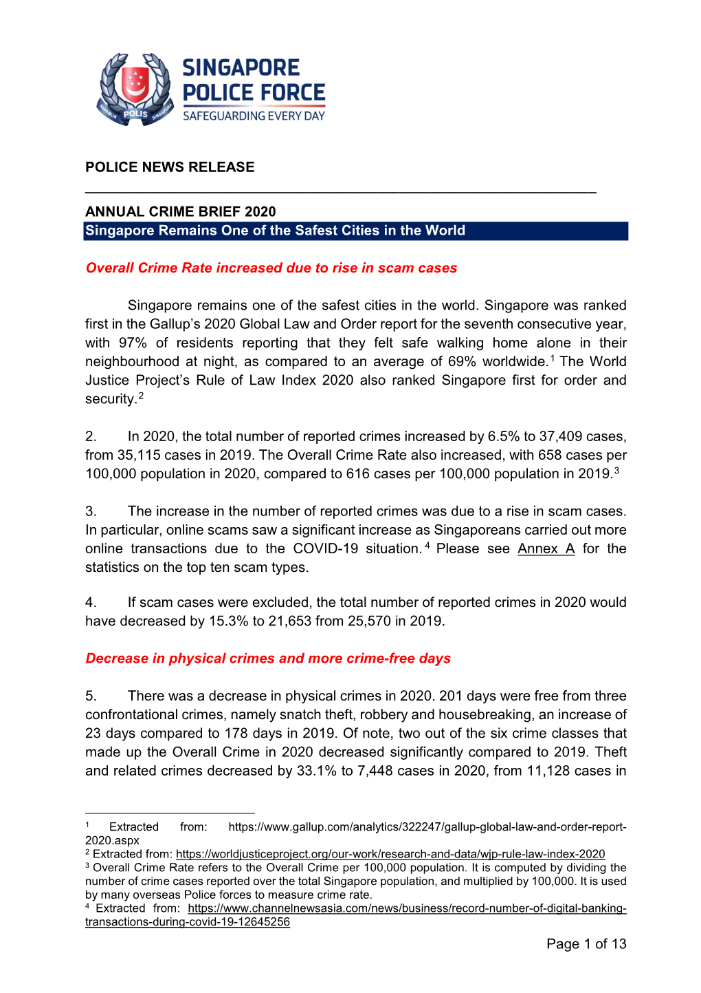 ANNUAL CRIME BRIEF 2020 Singapore Remains One of the Safest Cities in the World