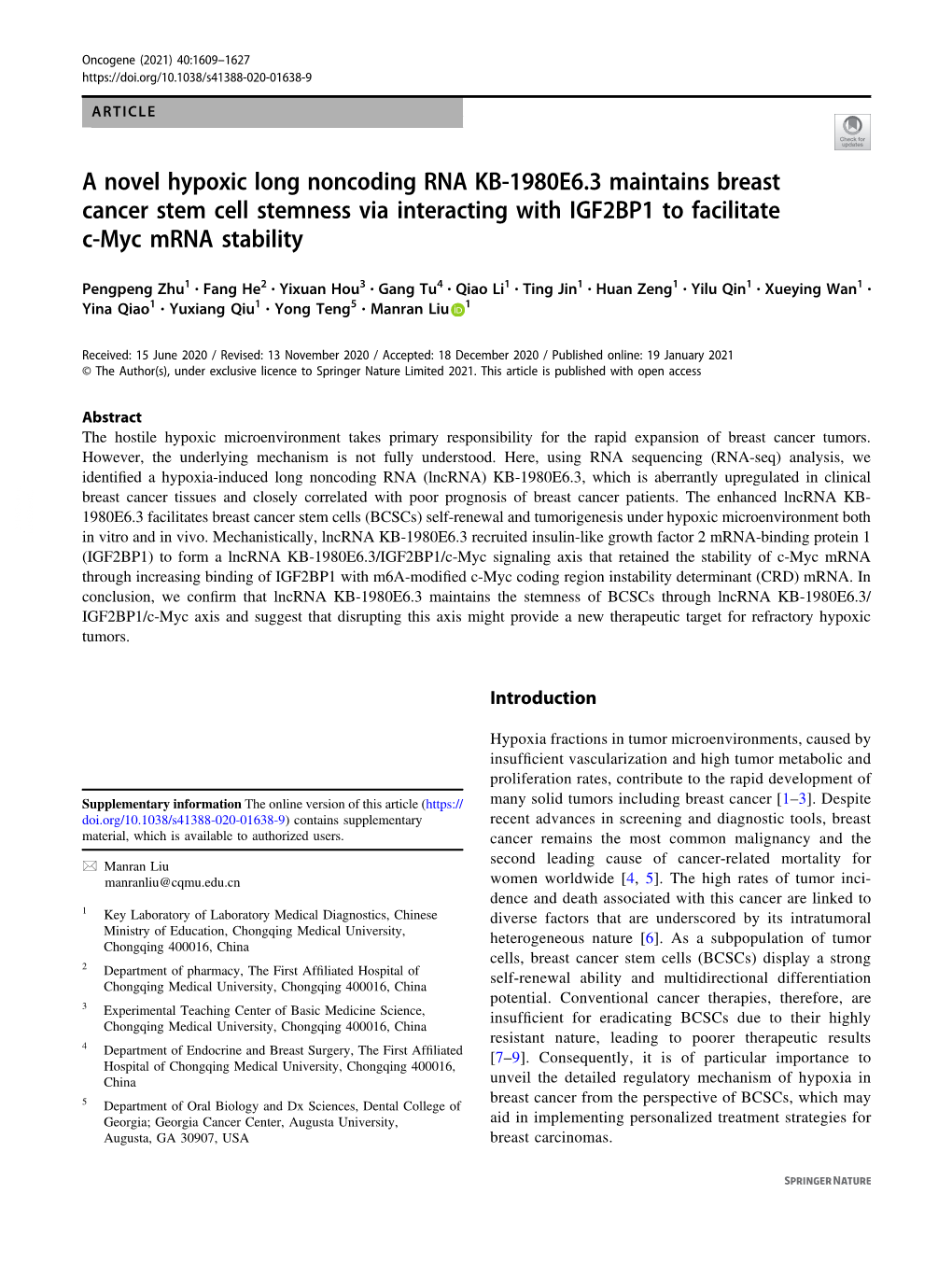 A Novel Hypoxic Long Noncoding RNA KB-1980E6.3 Maintains Breast Cancer Stem Cell Stemness Via Interacting with IGF2BP1 to Facilitate C-Myc Mrna Stability