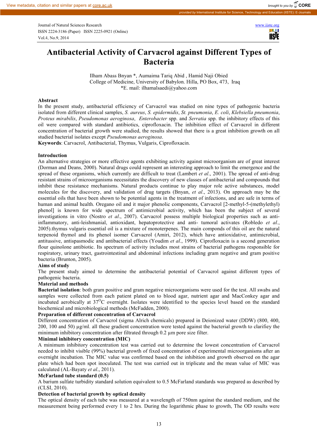 Antibacterial Activity of Carvacrol Against Different Types of Bacteria