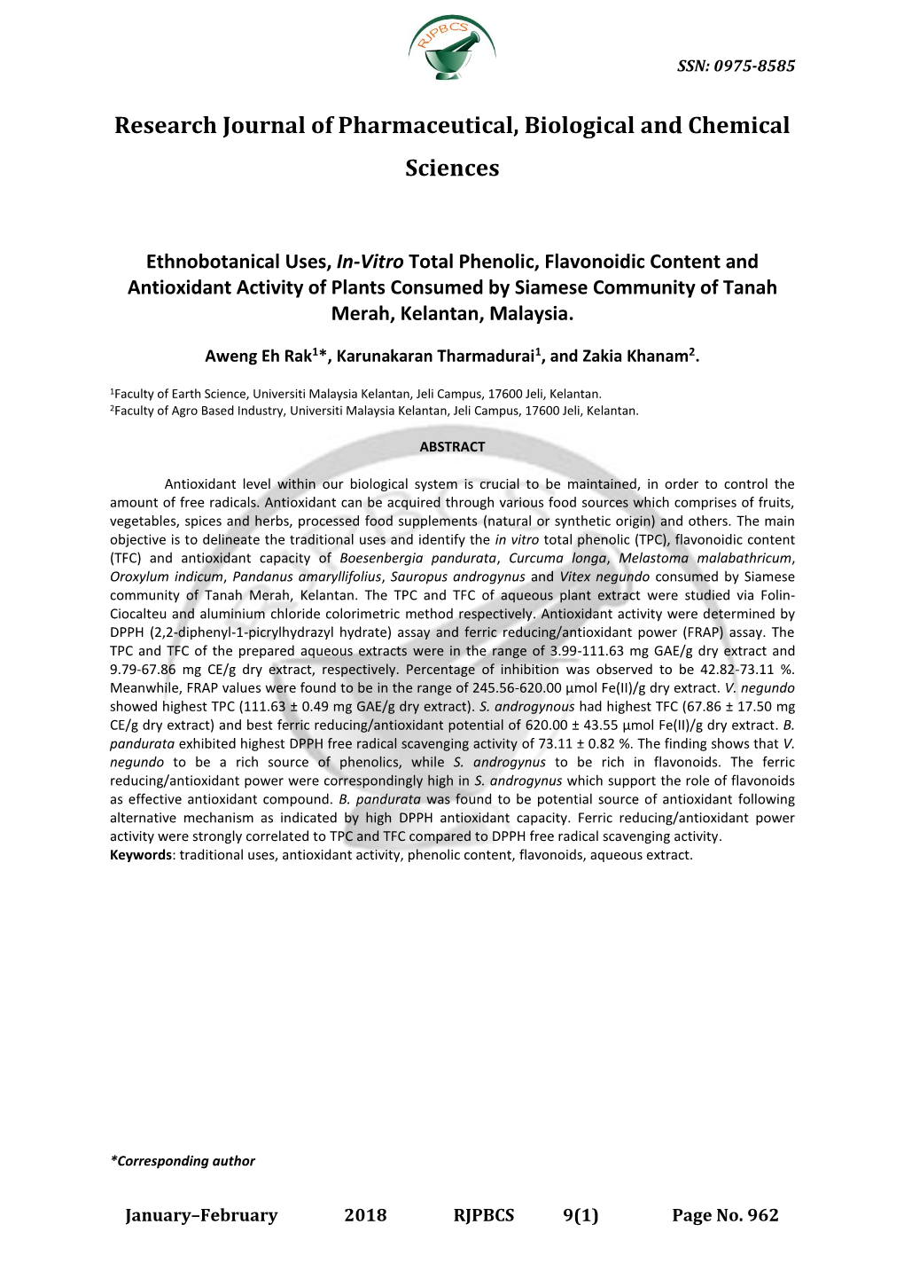 Ethnobotanical Uses, In-Vitro Total Phenolic, Flavonoidic Content and Antioxidant Activity of Plants Consumed by Siamese Community of Tanah Merah, Kelantan, Malaysia