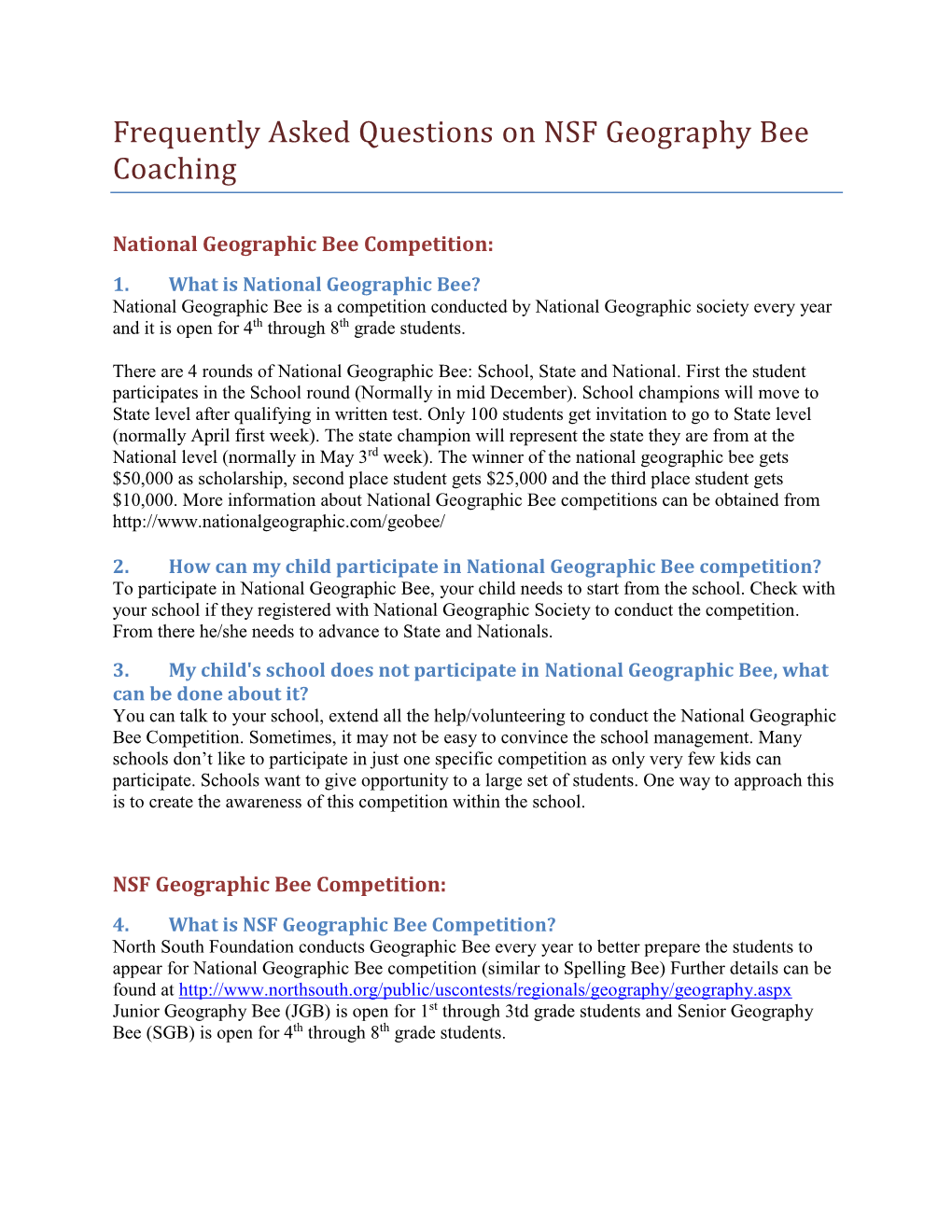 Frequently Asked Questions on NSF Geography Bee Coaching