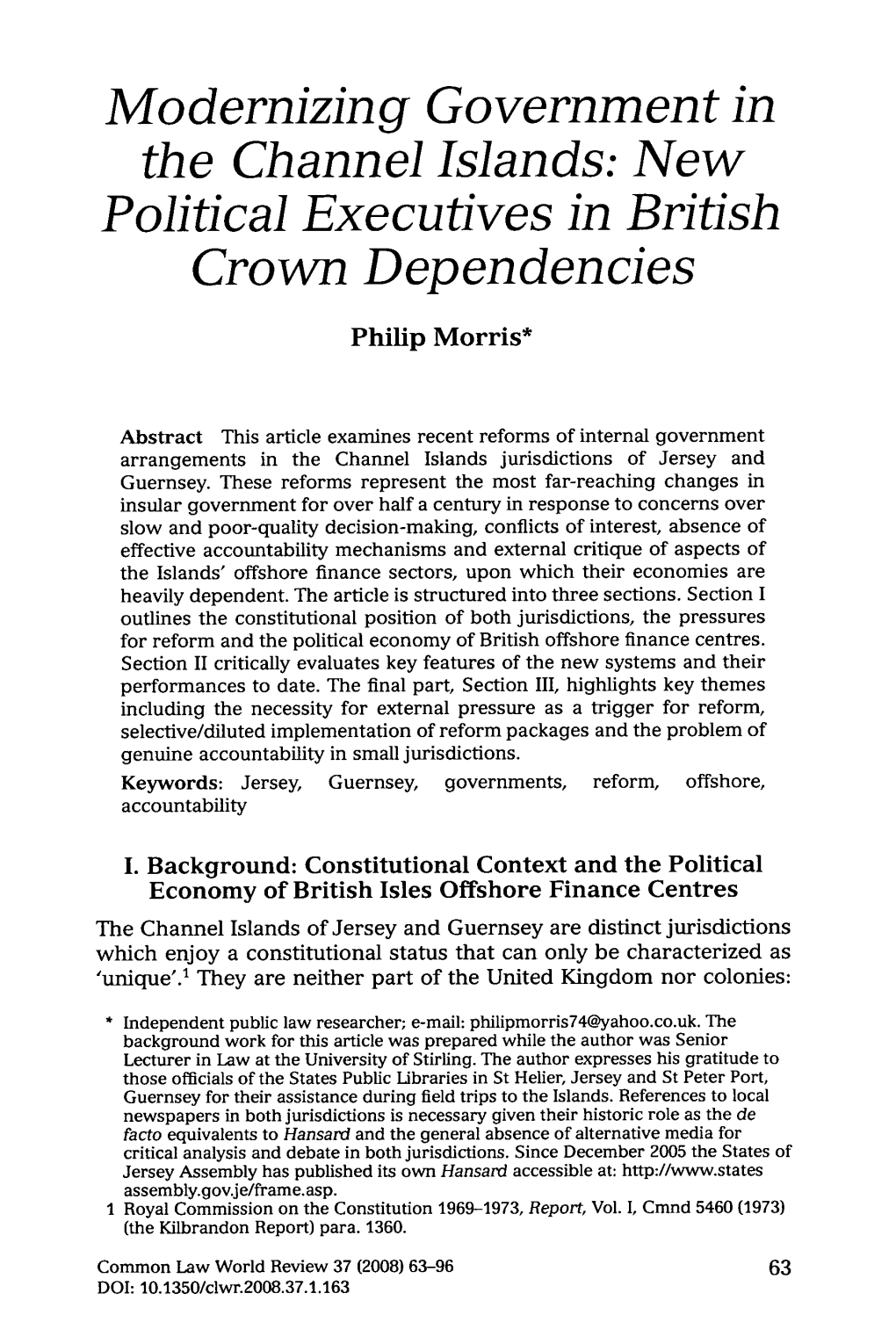 Modernizing Government in the Channel Islands: New Political Executives in British Crovvn Dependencies