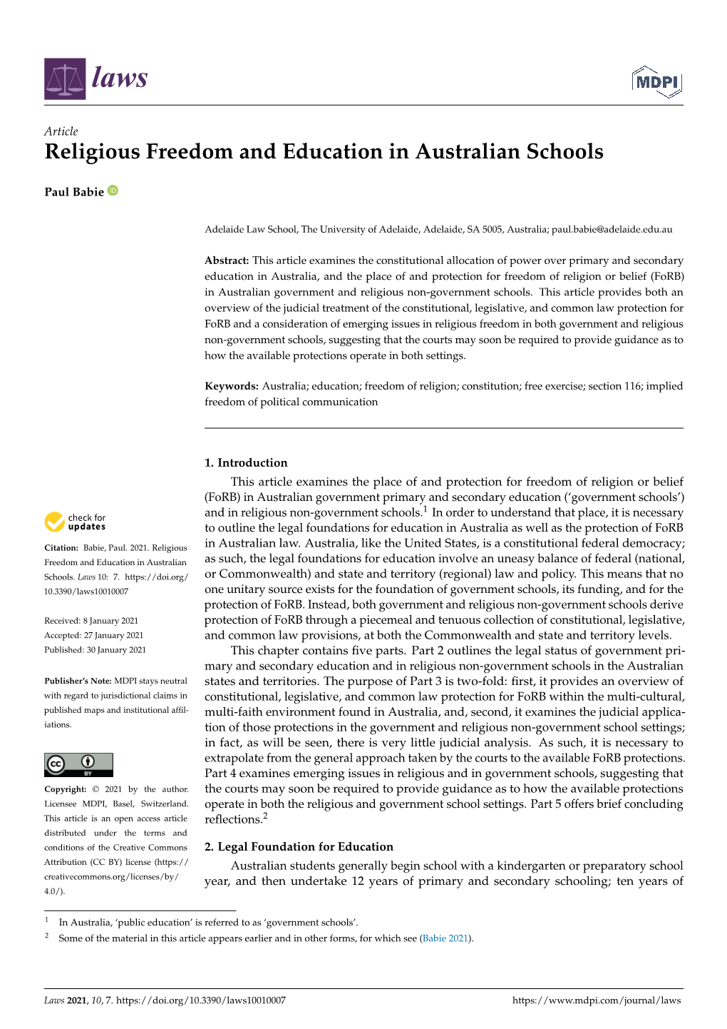 Religious Freedom and Education in Australian Schools