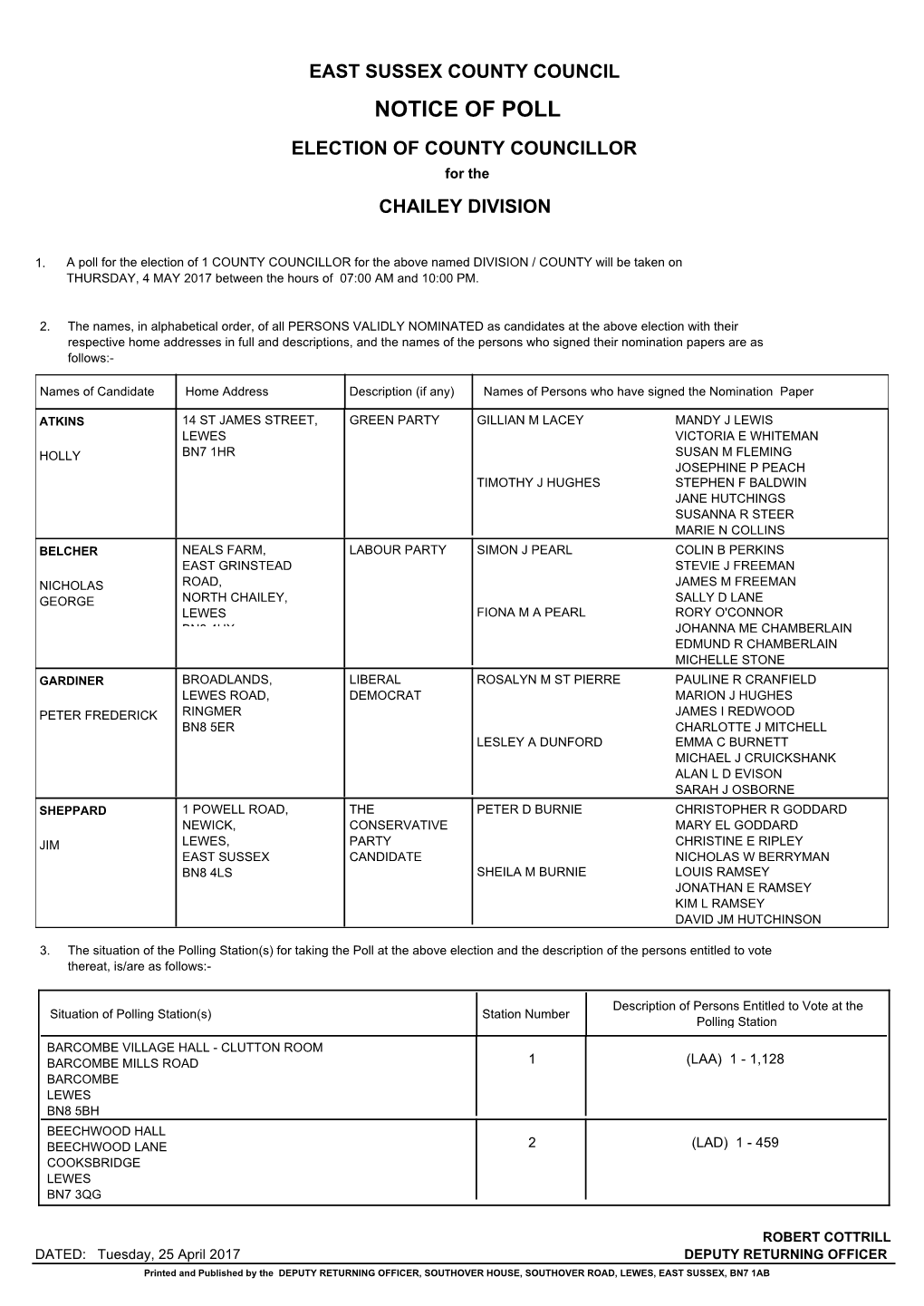 NOTICE of POLL ELECTION of COUNTY COUNCILLOR for the CHAILEY DIVISION