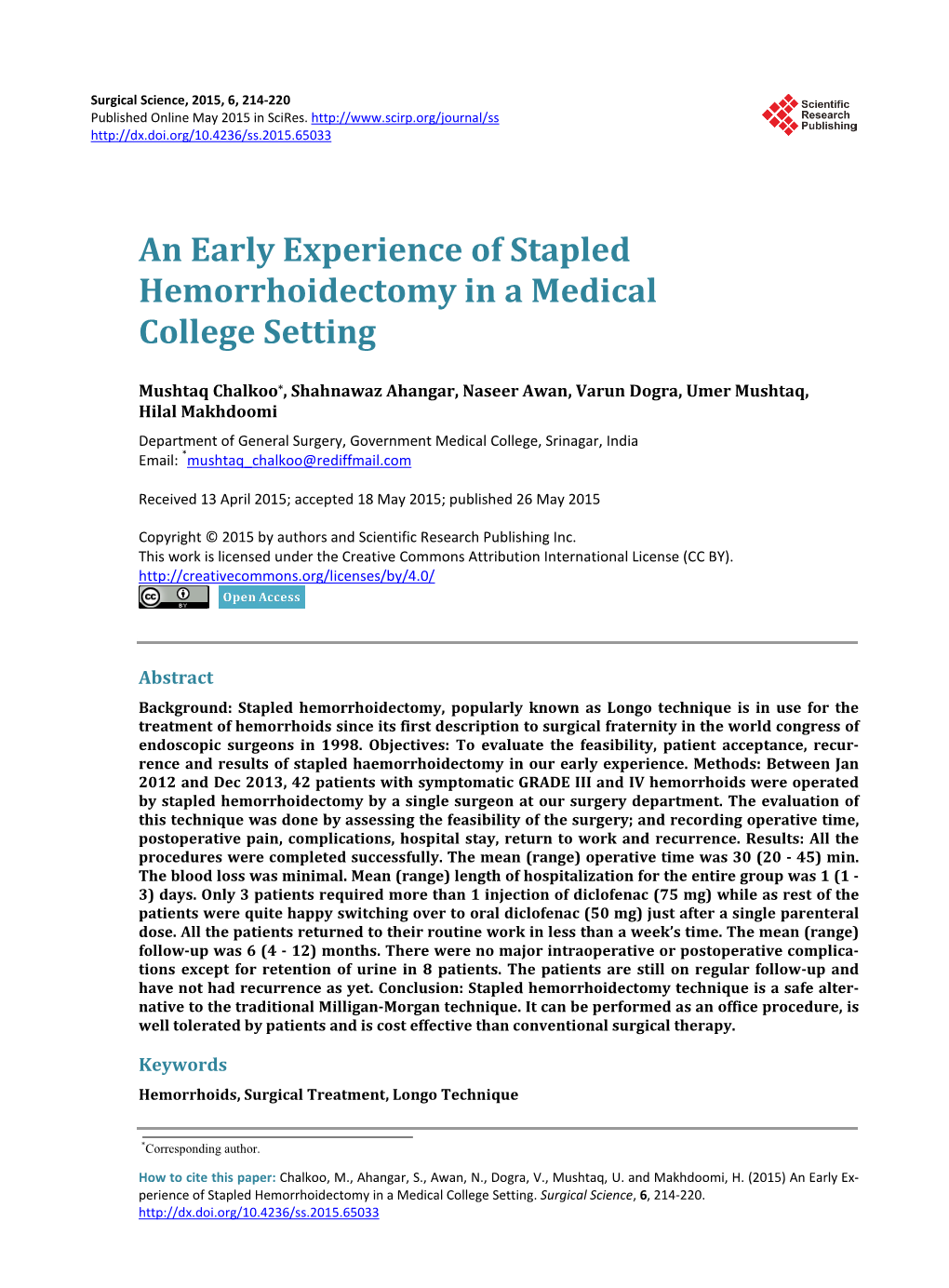 An Early Experience of Stapled Hemorrhoidectomy in a Medical College Setting