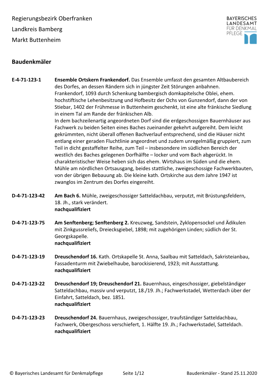 Regierungsbezirk Oberfranken Landkreis Bamberg Markt Buttenheim Baudenkmäler