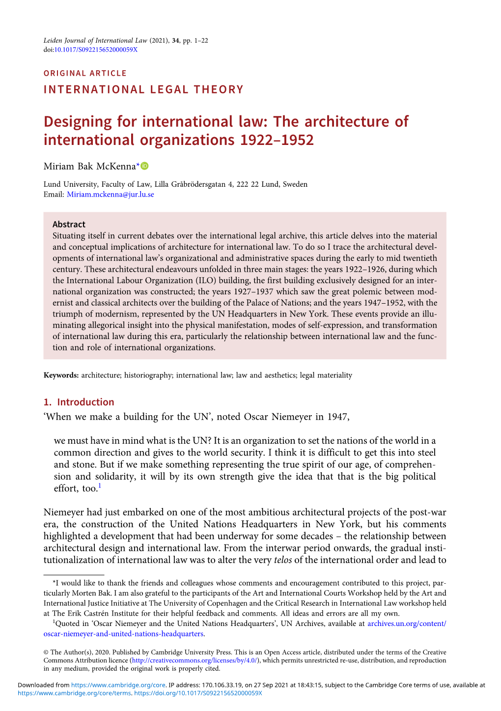 The Architecture of International Organizations 1922-•1952