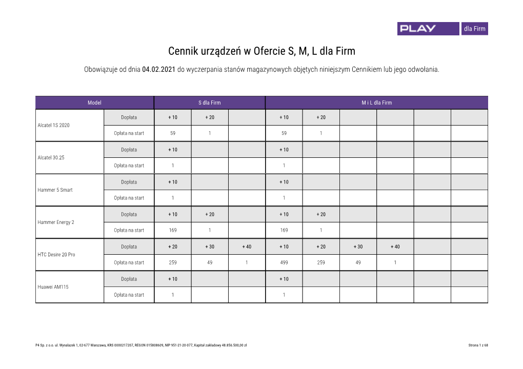 Cennik Urządzeń W Ofercie S, M, L Dla Firm