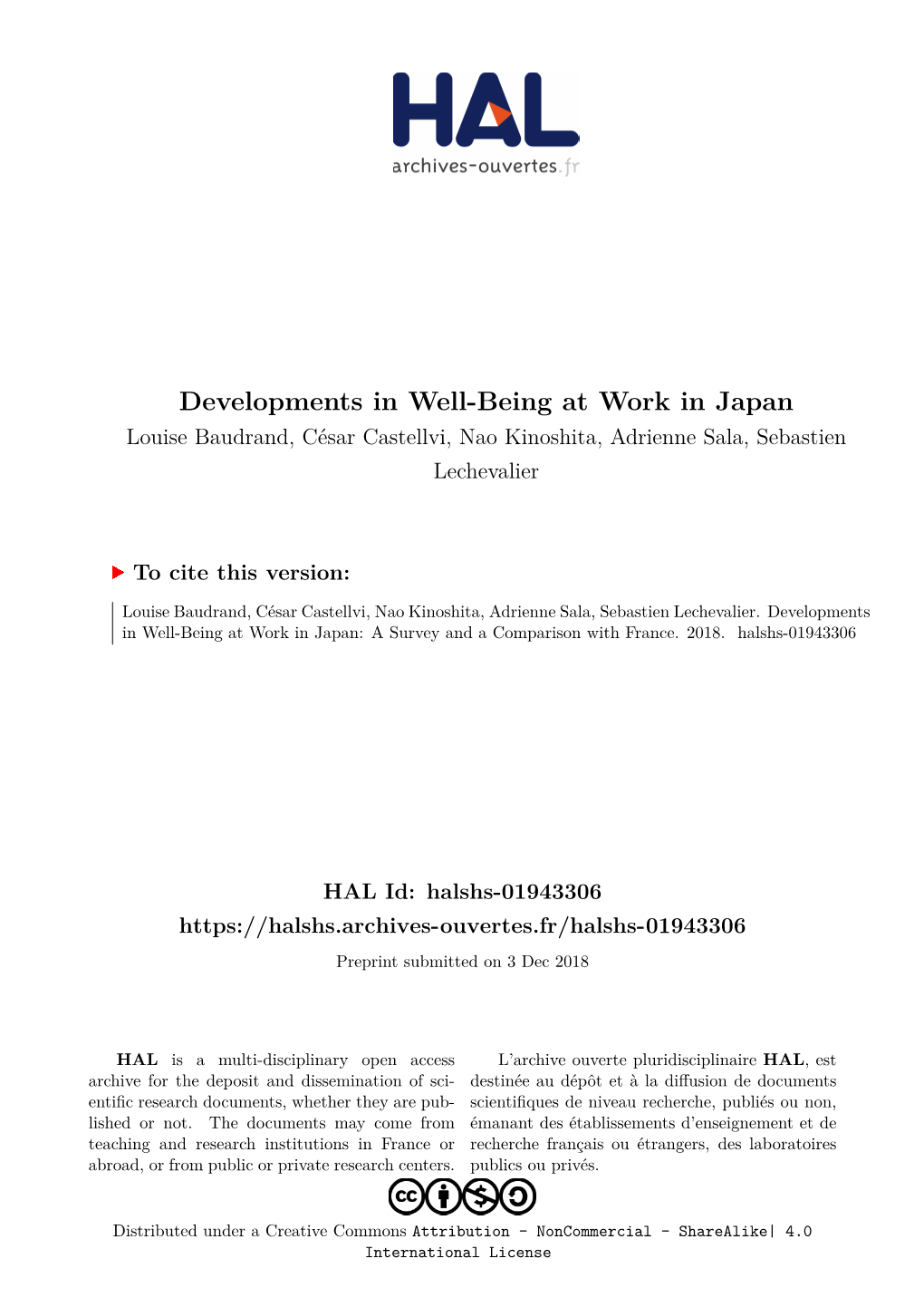 Developments in Well-Being at Work in Japan Louise Baudrand, César Castellvi, Nao Kinoshita, Adrienne Sala, Sebastien Lechevalier