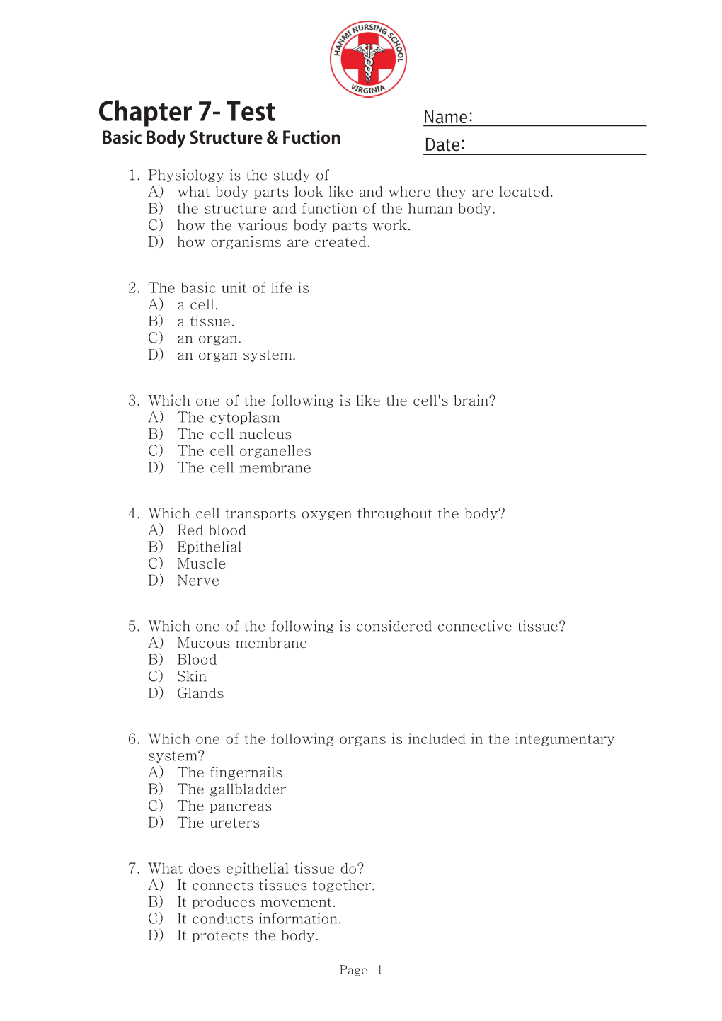 Ch7 Basic Body Structure and Function Test&A