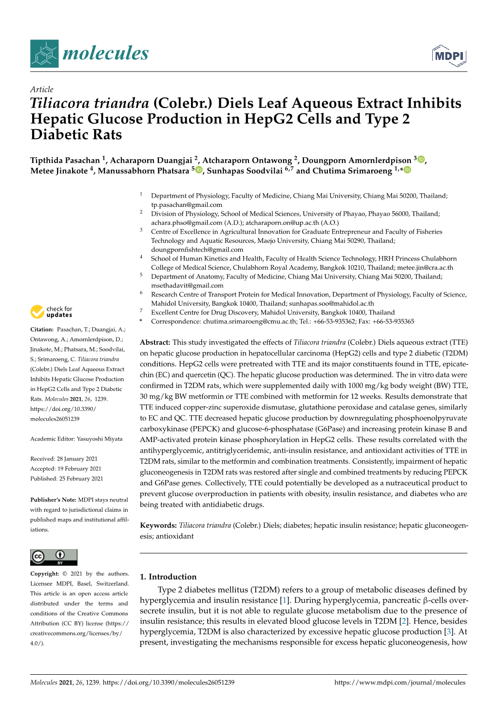 Tiliacora Triandra (Colebr.) Diels Leaf Aqueous Extract Inhibits Hepatic Glucose Production in Hepg2 Cells and Type 2 Diabetic Rats