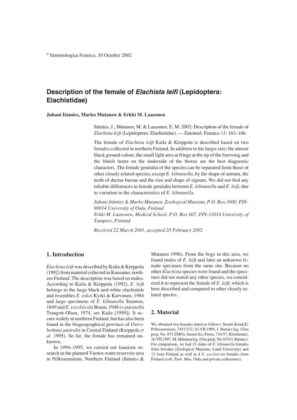 Description of the Female of Elachista Leifi(Lepidoptera