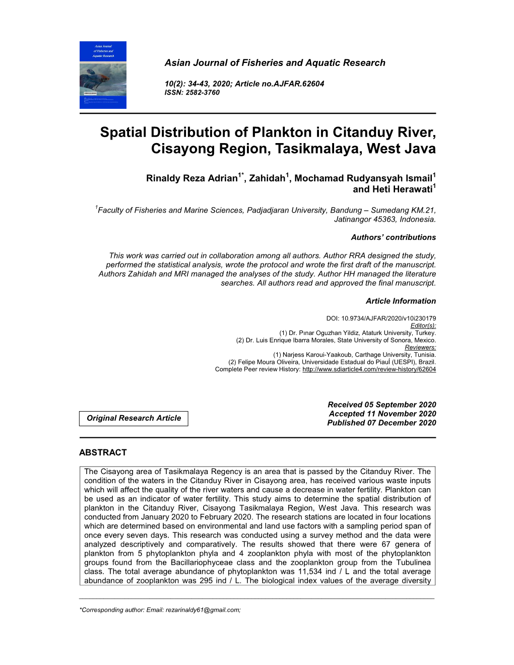 Spatial Distribution of Plankton in Citanduy River, Cisayong Region, Tasikmalaya, West Java