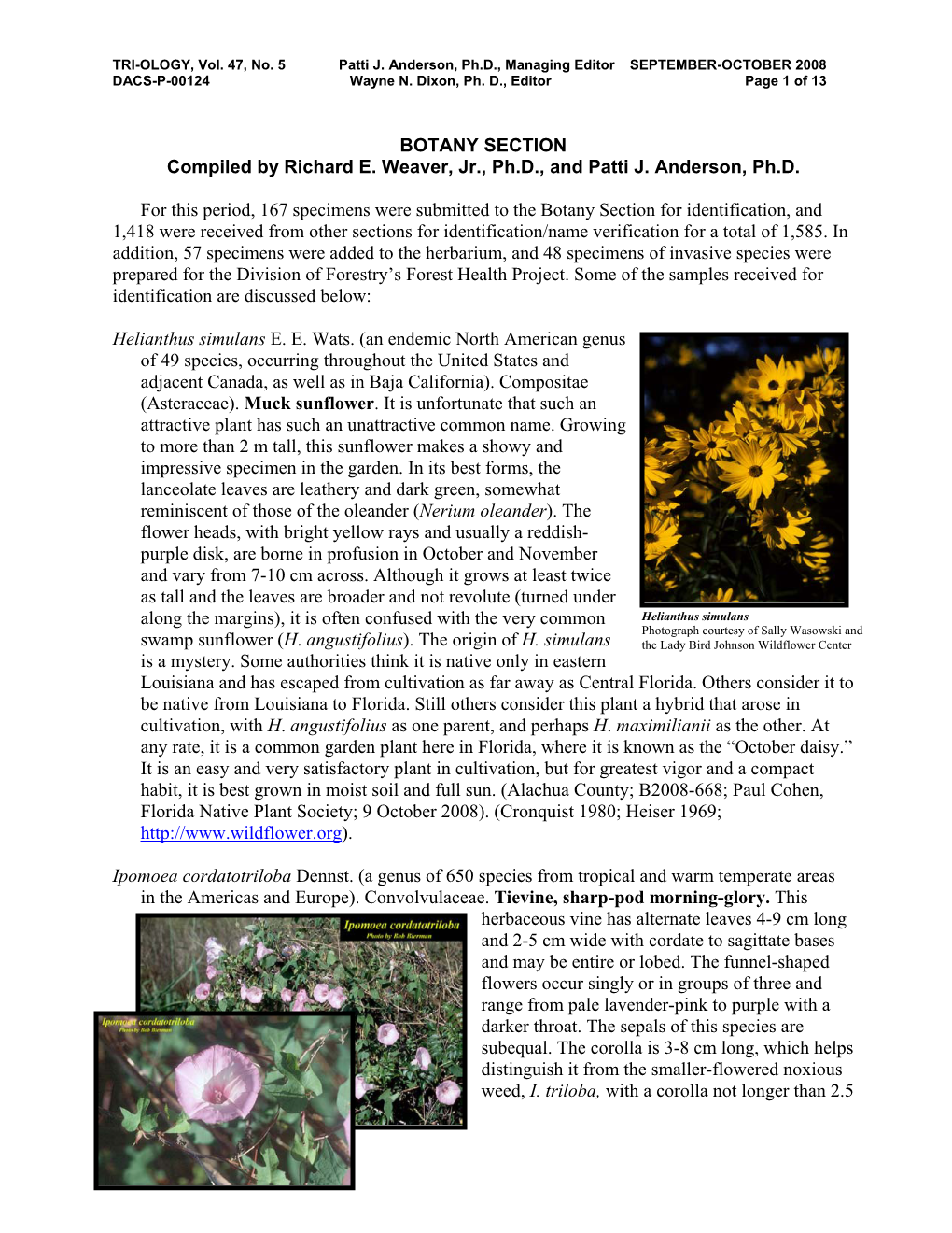 BOTANY SECTION Compiled by Richard E. Weaver, Jr., Ph.D., and Patti J