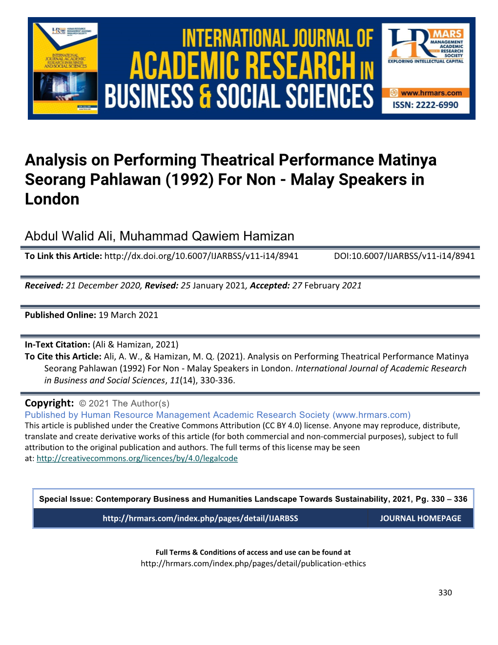 Analysis on Performing Theatrical Performance Matinya Seorang Pahlawan (1992) for Non - Malay Speakers in London